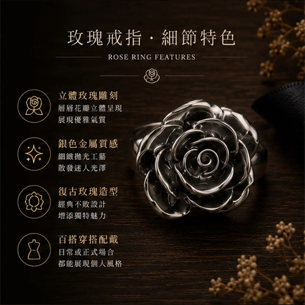 銀色玫瑰戒指＋水鑽手鍊組